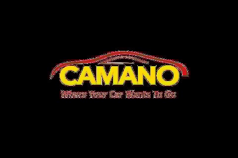CAMANO logo with red car outline and yellow text on black background with tagline
